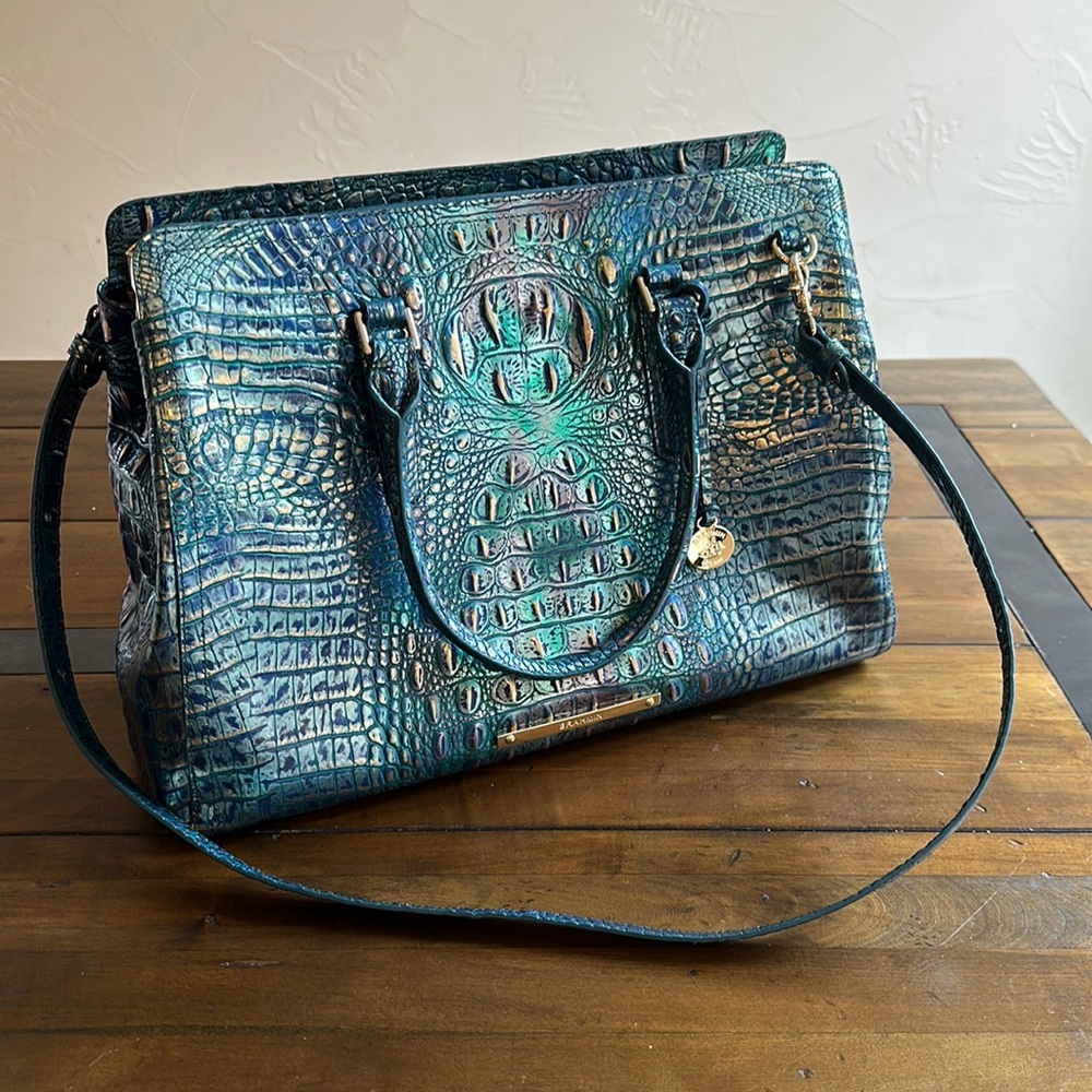 Brahmin Teal Emerald Variegated Metallic Leather Tote Stunning